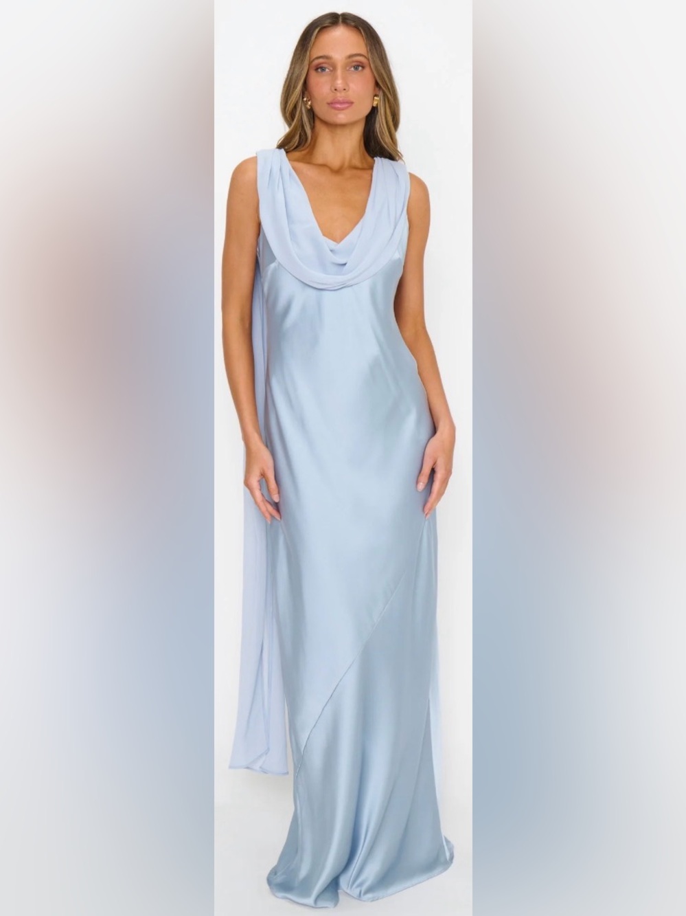 Show Me Your Mumu Maya Maxi Dress in a steel blue luxe satin bridesmaid wedding